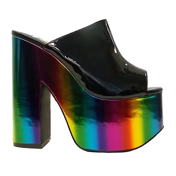 YRU Shoes - YRU black and Rainbow metallic Platform Heels